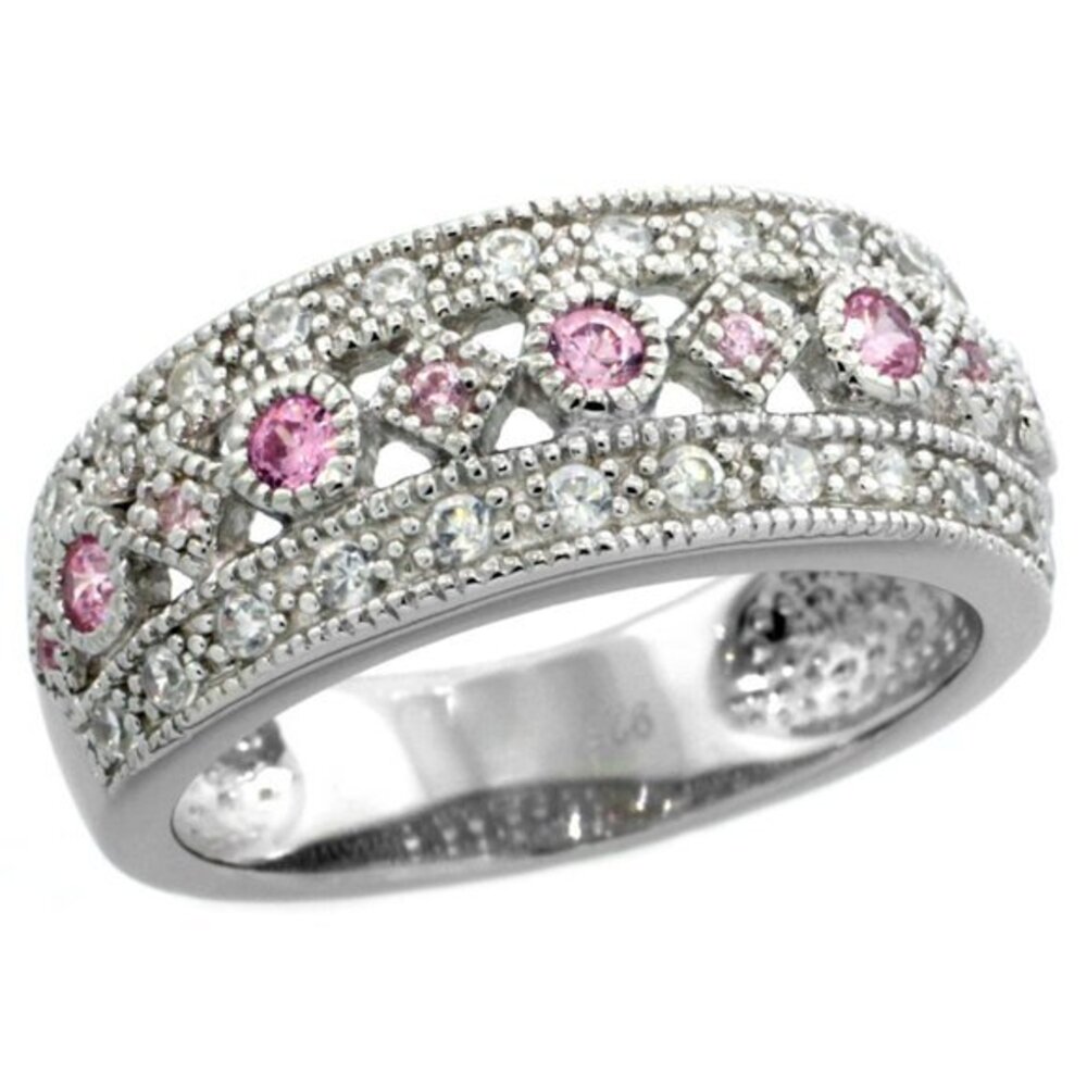 Sterling Silver Vintage Ring pink CZ Wedding Band
